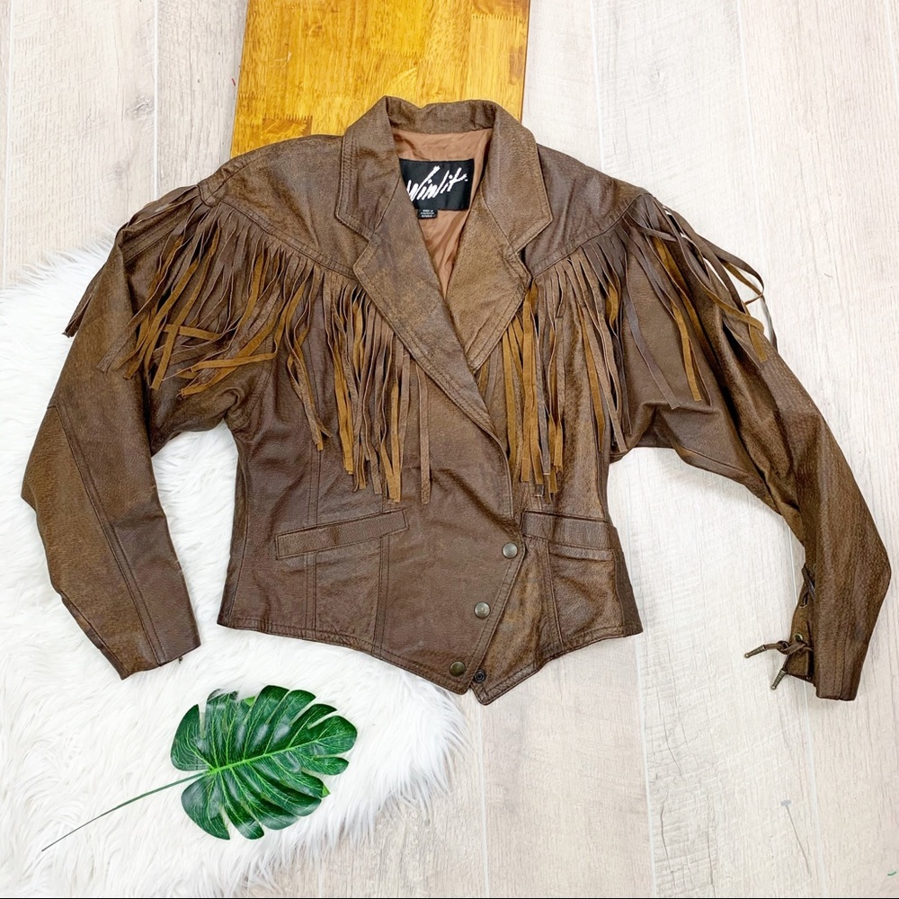 Winlit Vintage Brown Fringe Leather Womens Jacket